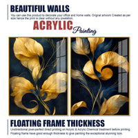 Premium Golden Petal Midnight Blue Acrylic Floating Wall Painting Set of 2