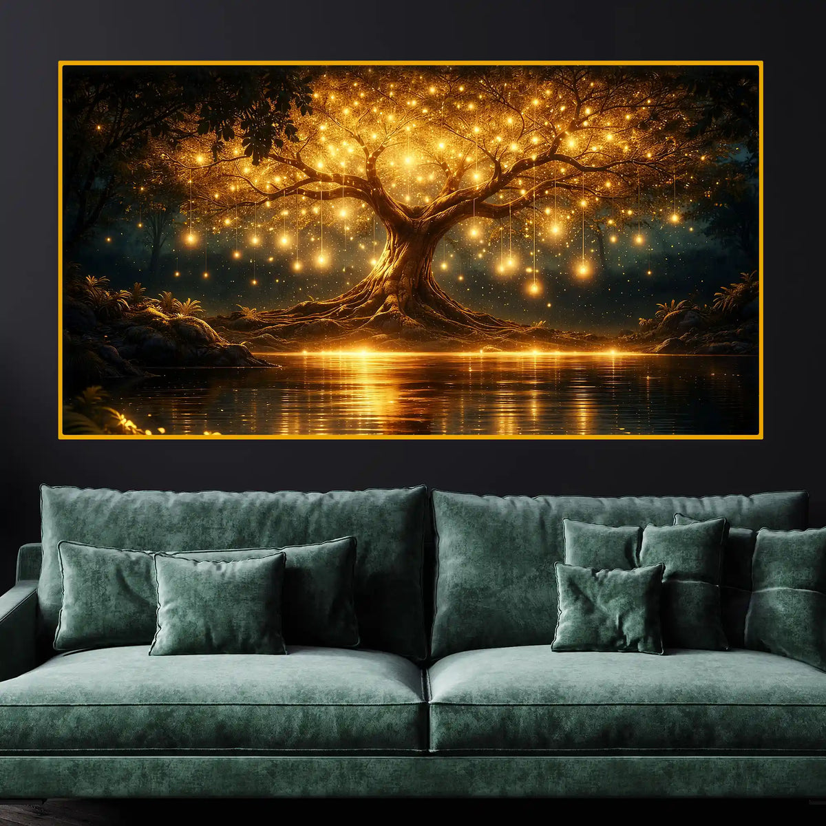 Premium Golden Tree Night Reflection Crystal Glass Wall Painting