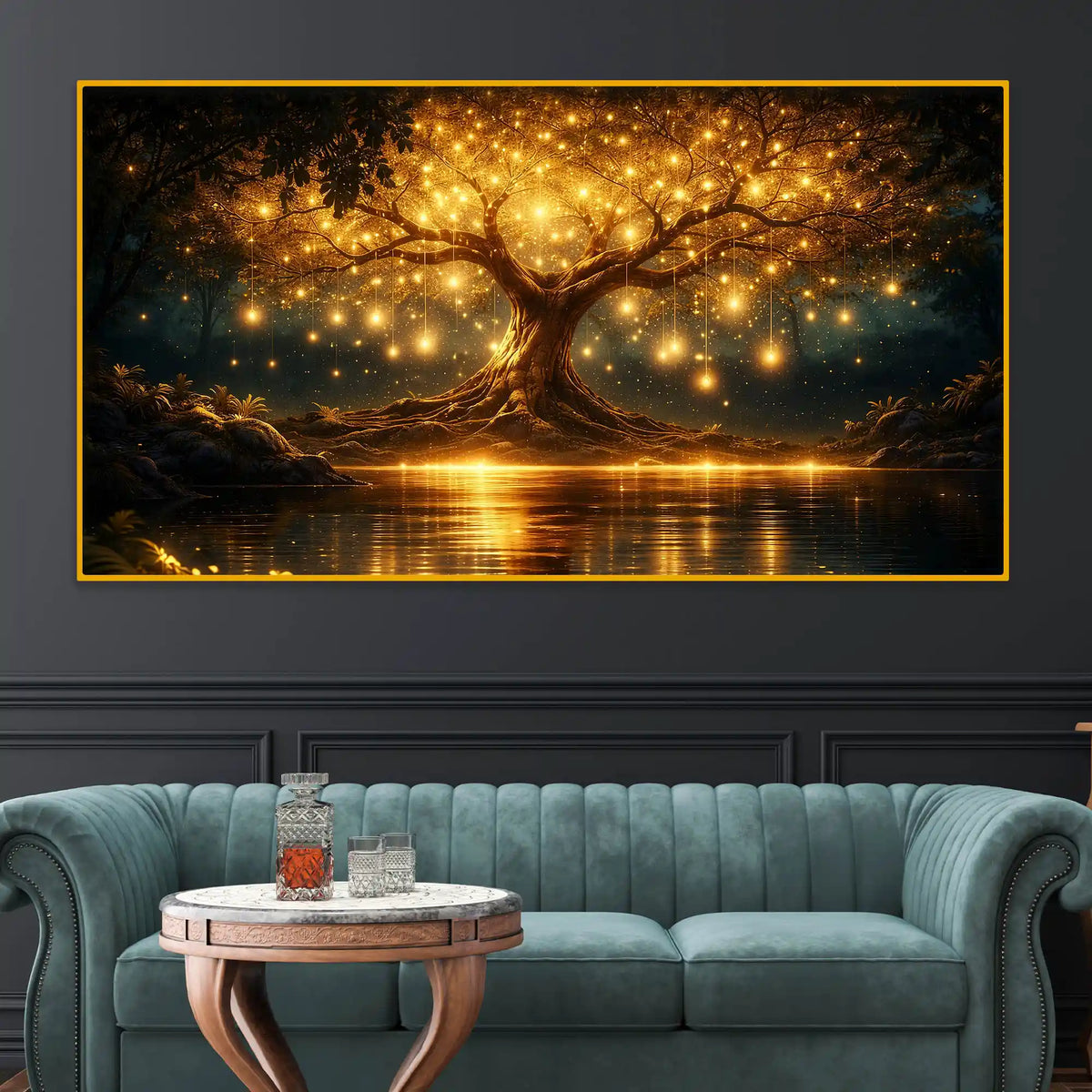 Premium Golden Tree Night Reflection Crystal Glass Wall Painting