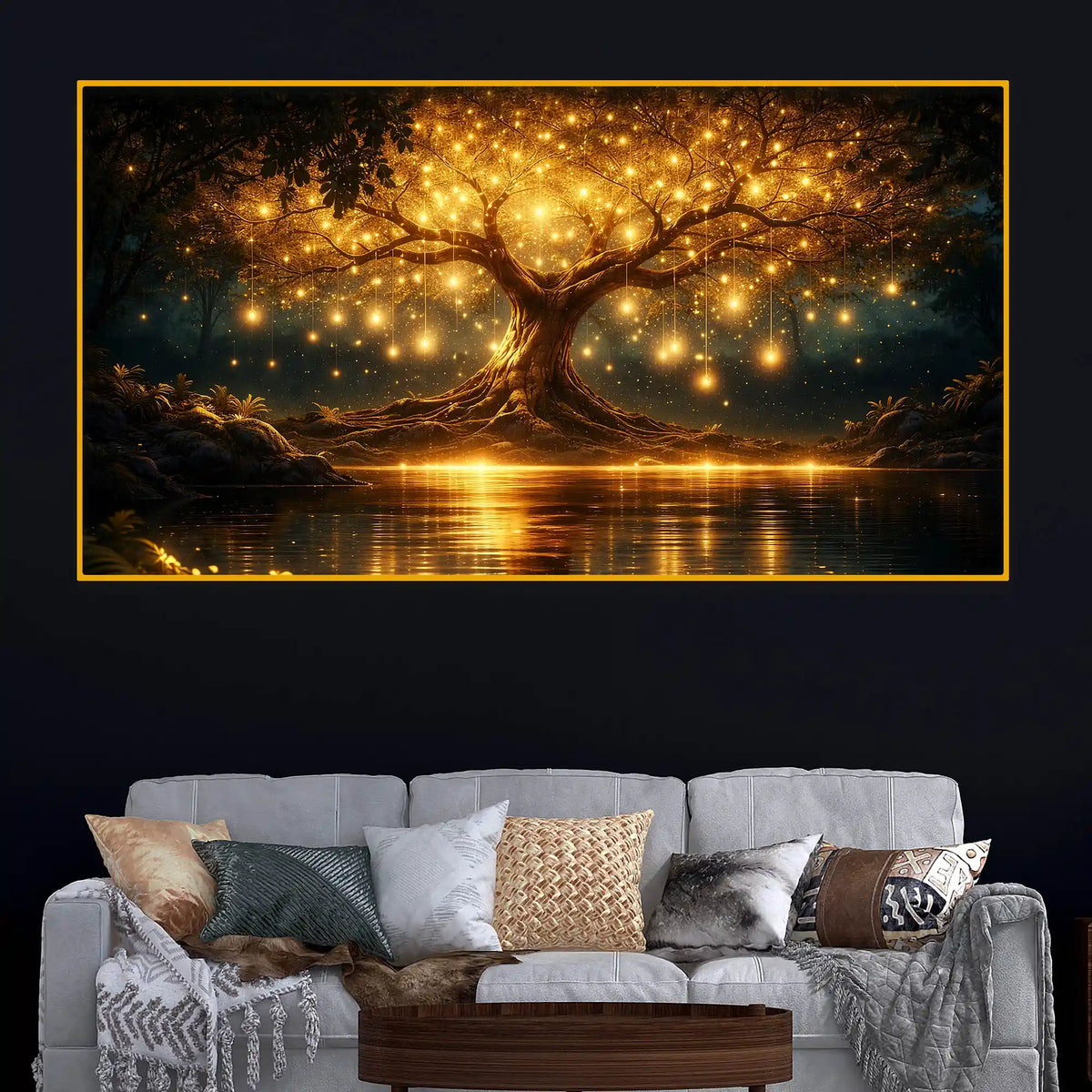 Premium Golden Tree Night Reflection Crystal Glass Wall Painting