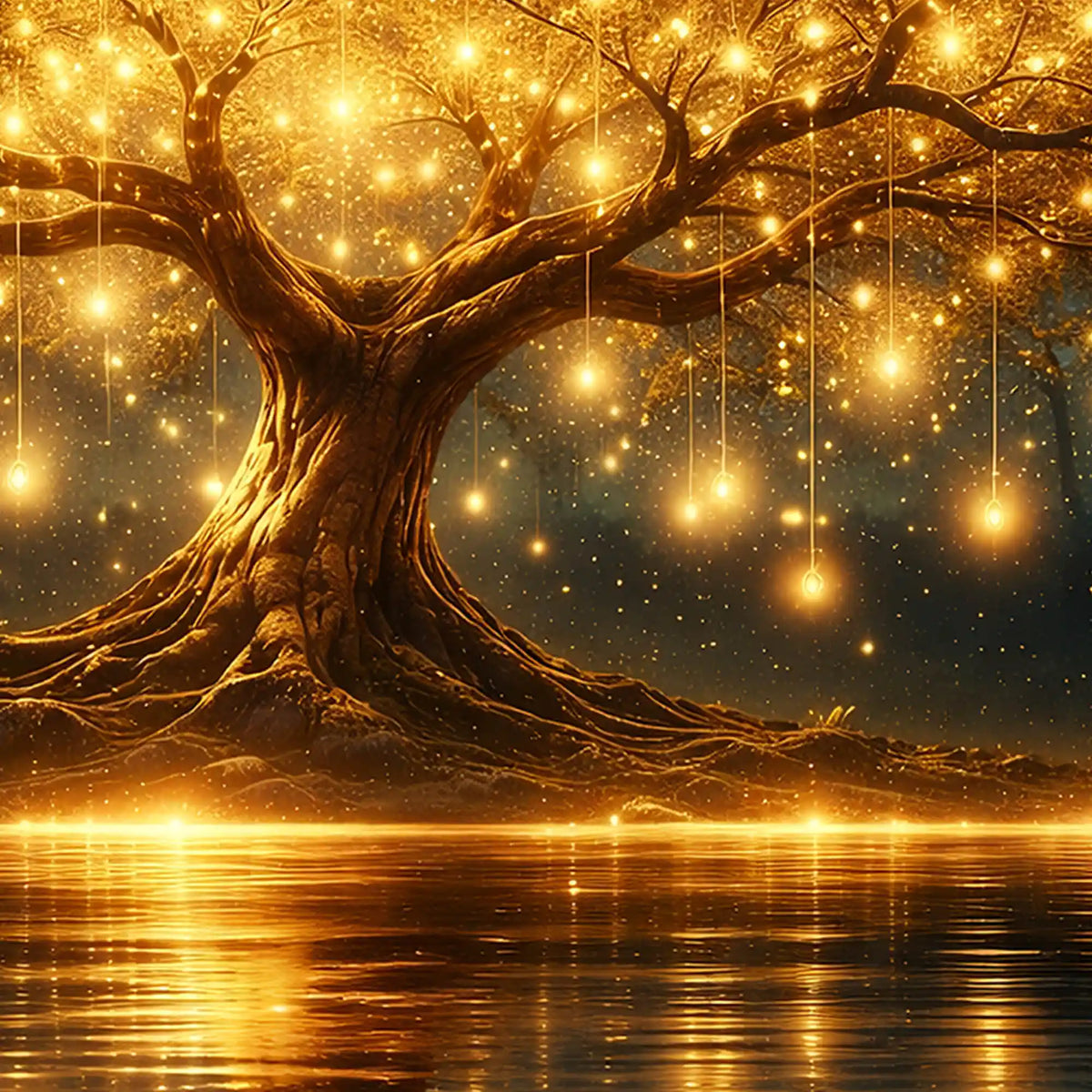 Premium Golden Tree Night Reflection Crystal Glass Wall Painting