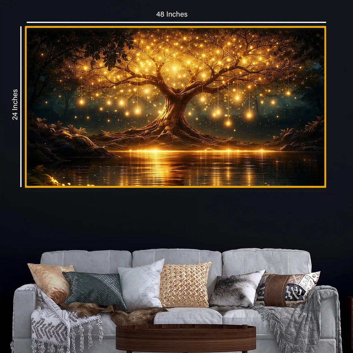Premium Golden Tree Night Reflection Crystal Glass Wall Painting