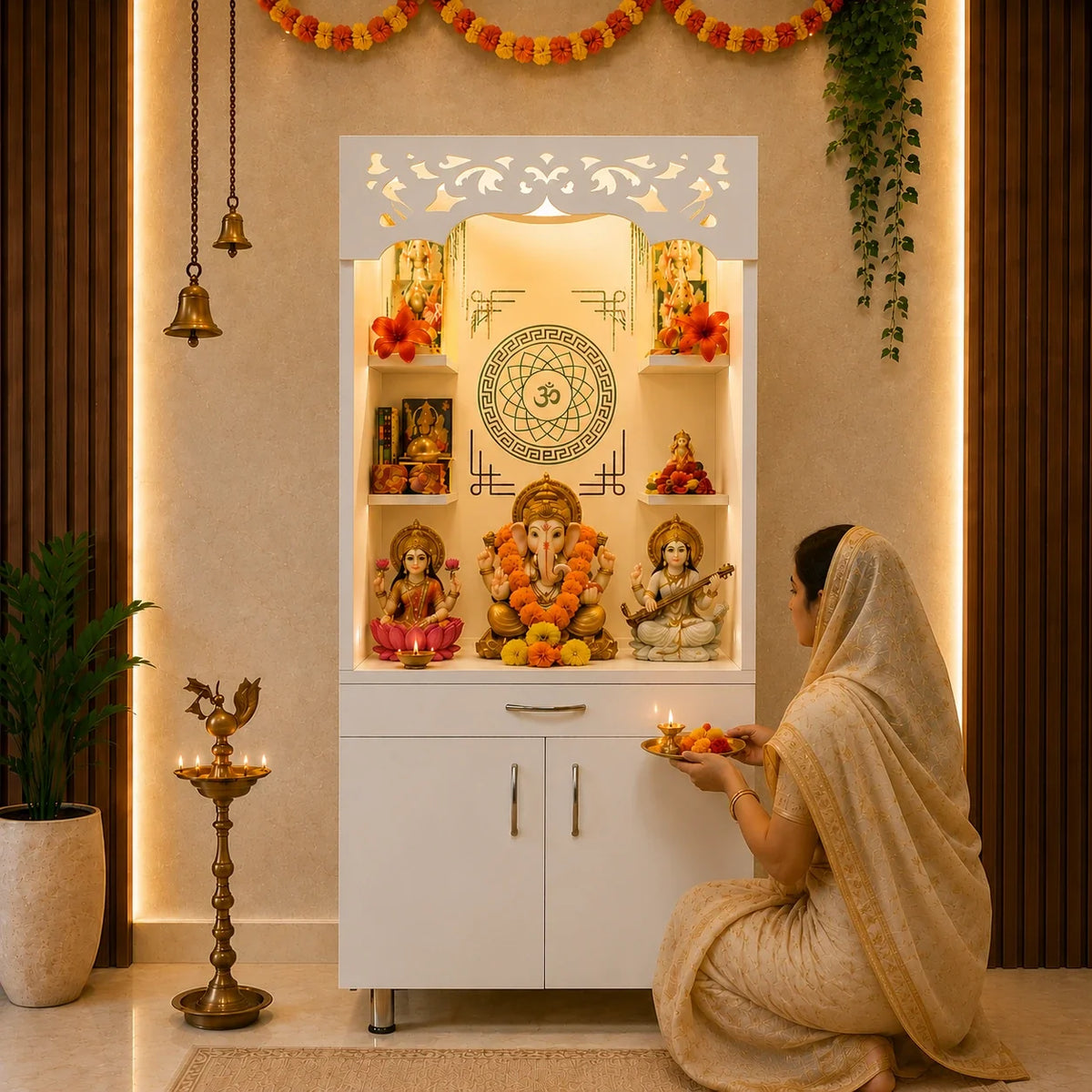 Premium Home Temple with Storage Drawers, Side Shelves and LED Panel