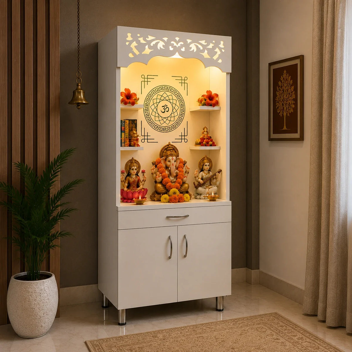 Premium Home Temple with Storage Drawers, Side Shelves and LED Panel