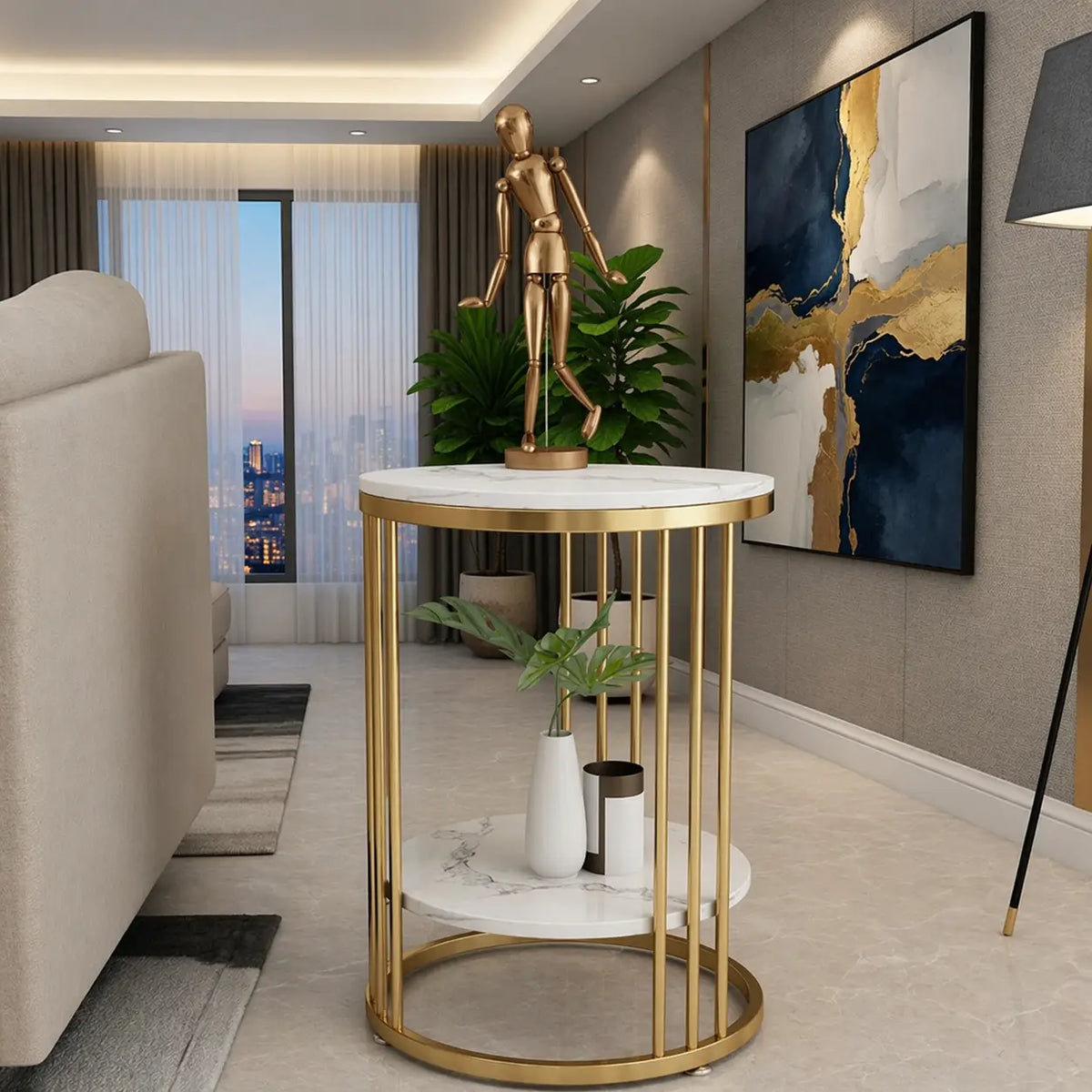 Premium Iron Stand Two Layer Marble Side Table