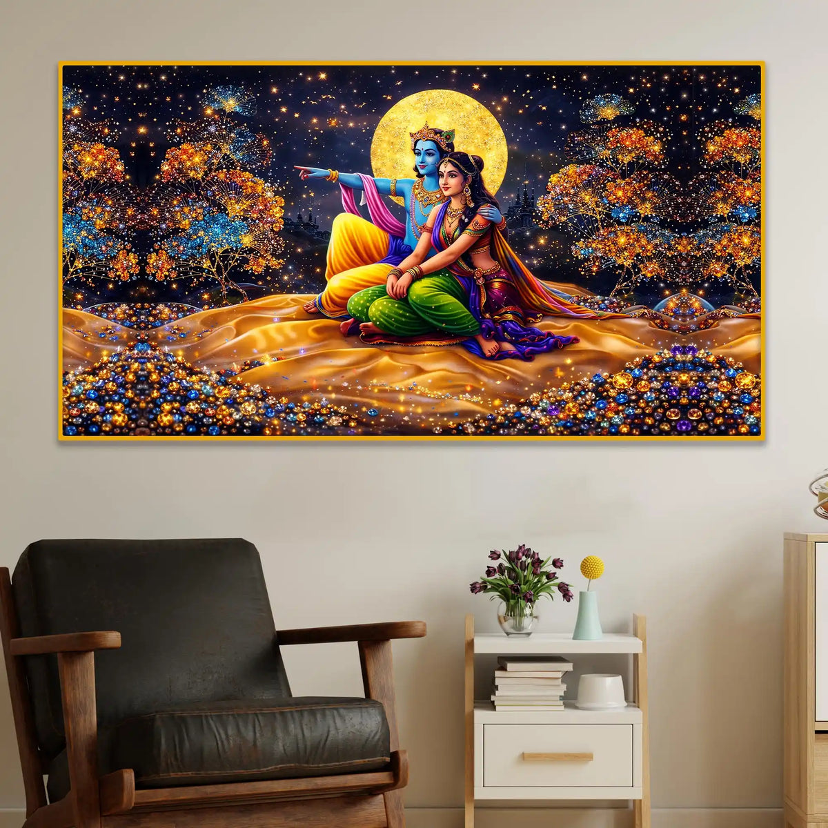 Premium Krishna Radha Moonlight Crystal Glass Wall Painting