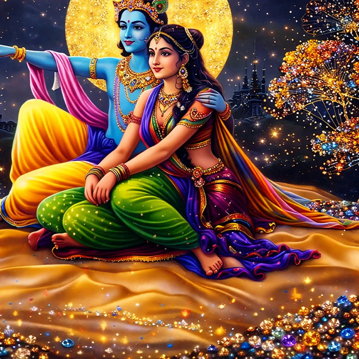 Premium Krishna Radha Moonlight Crystal Glass Wall Painting