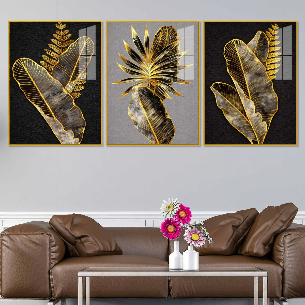 Premium Leaves Floating Acrylic Painting Set of 3 for Living Room