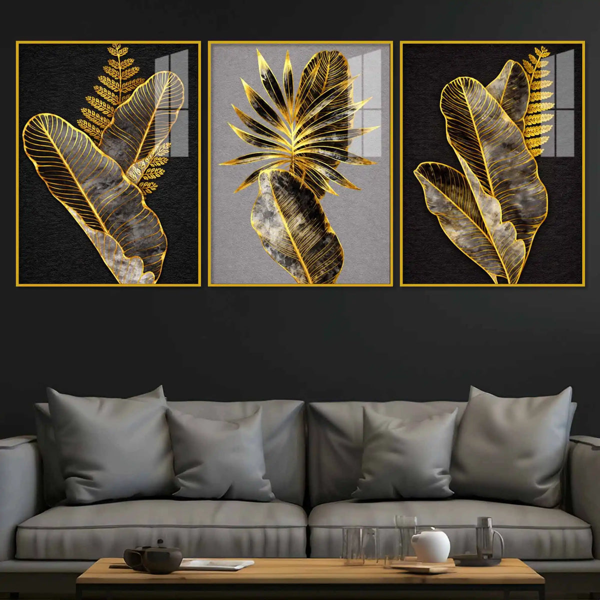 Premium Leaves Floating Acrylic Painting Set of 3 for Living Room