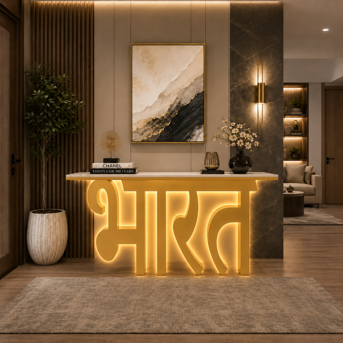 Premium LED Reception Desk with Bharat Art for Modern Spaces (SS 302)