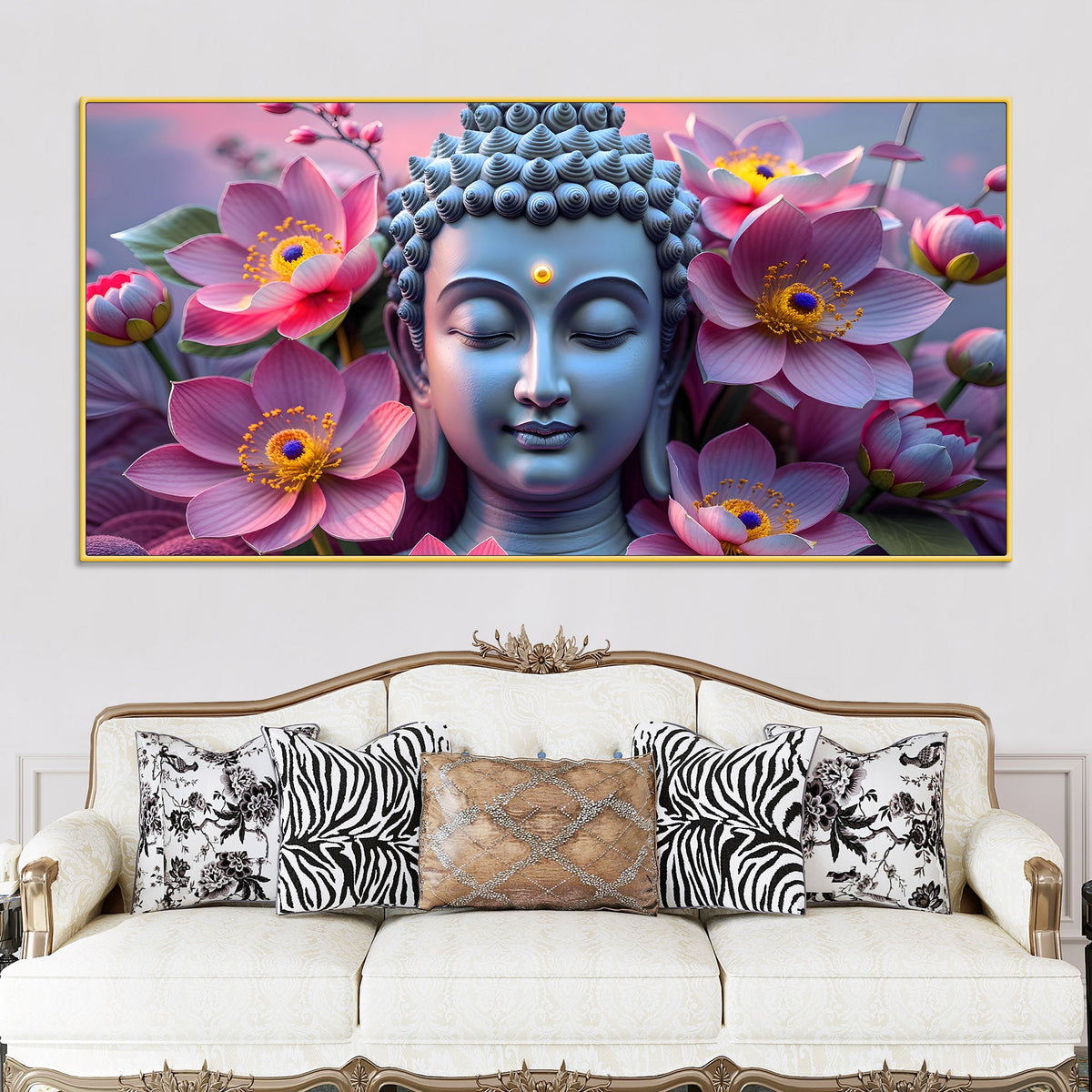 Premium Lord Buddha Wall Painting with Floral Background
