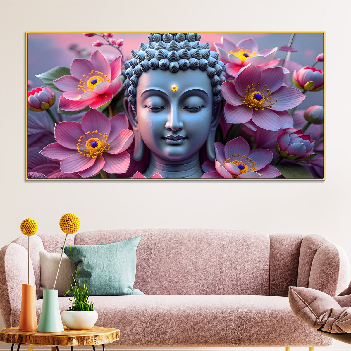 Premium Lord Buddha Wall Painting with Floral Background