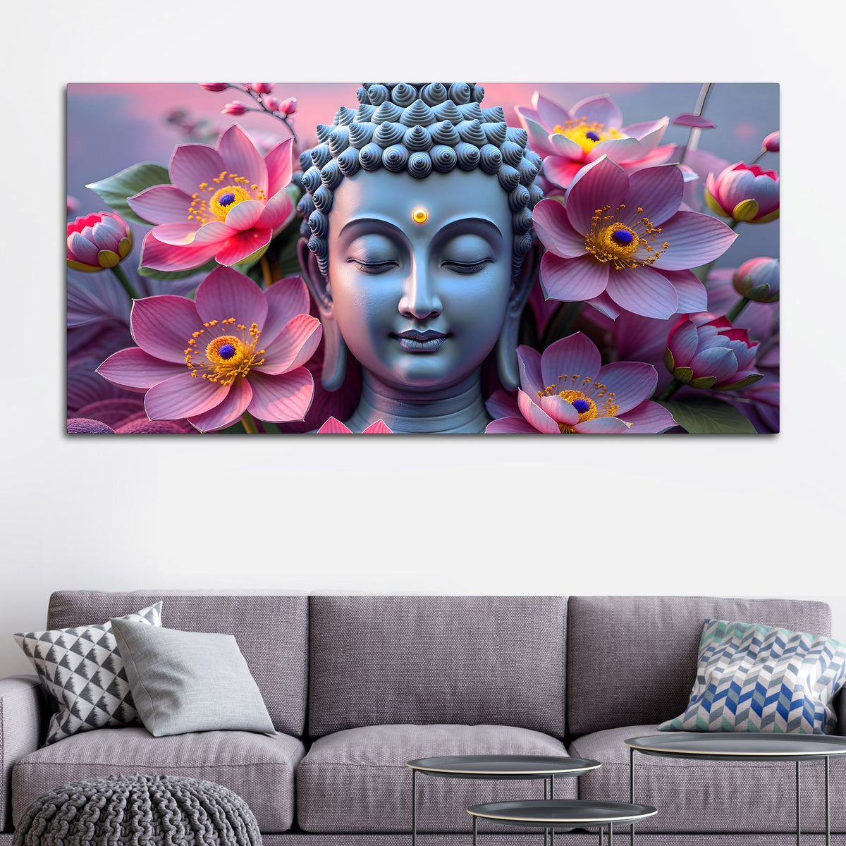 Premium Lord Buddha Wall Painting with Floral Background