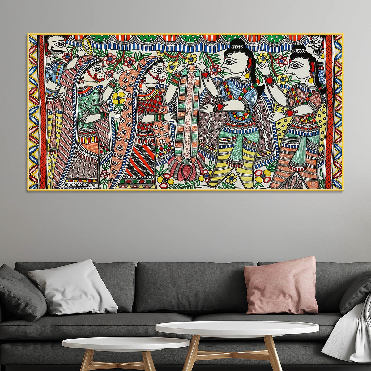 Premium Madhubani Ram Sita Marriage Canvas Wall Painting Religious Artwork