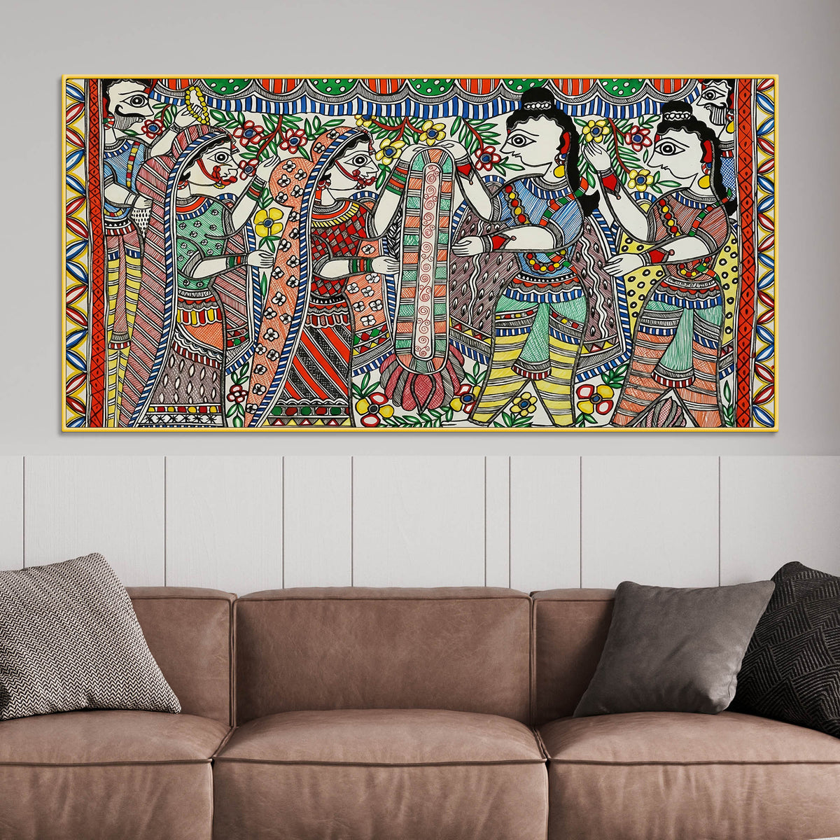 Premium Madhubani Ram Sita Marriage Canvas Wall Painting Religious Artwork
