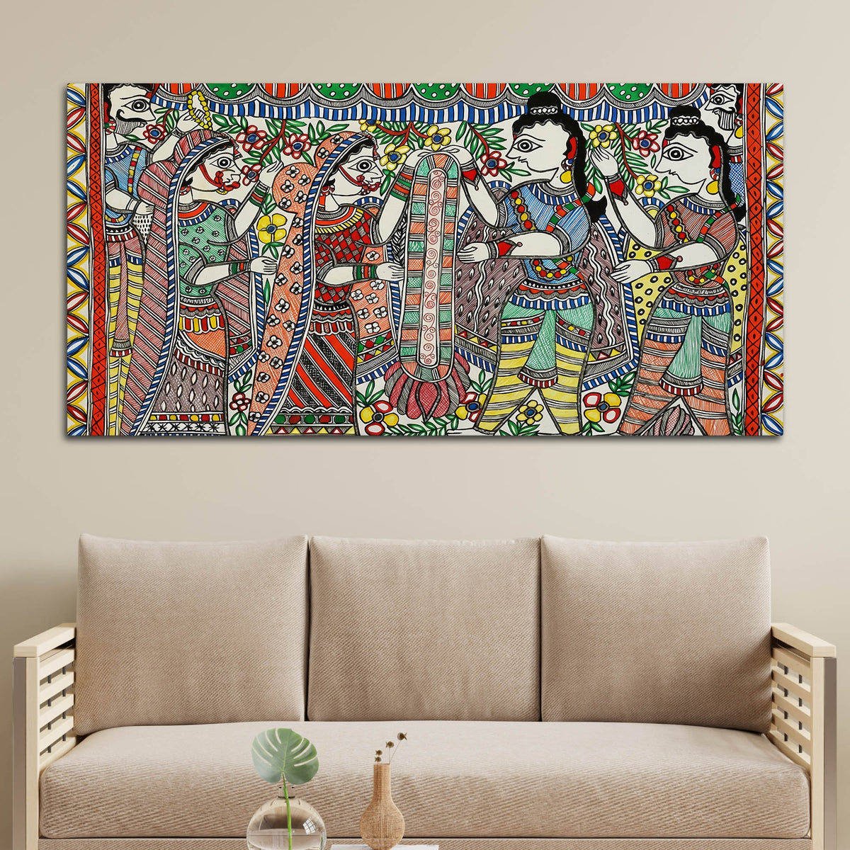 Premium Madhubani Ram Sita Marriage Canvas Wall Painting Religious Artwork
