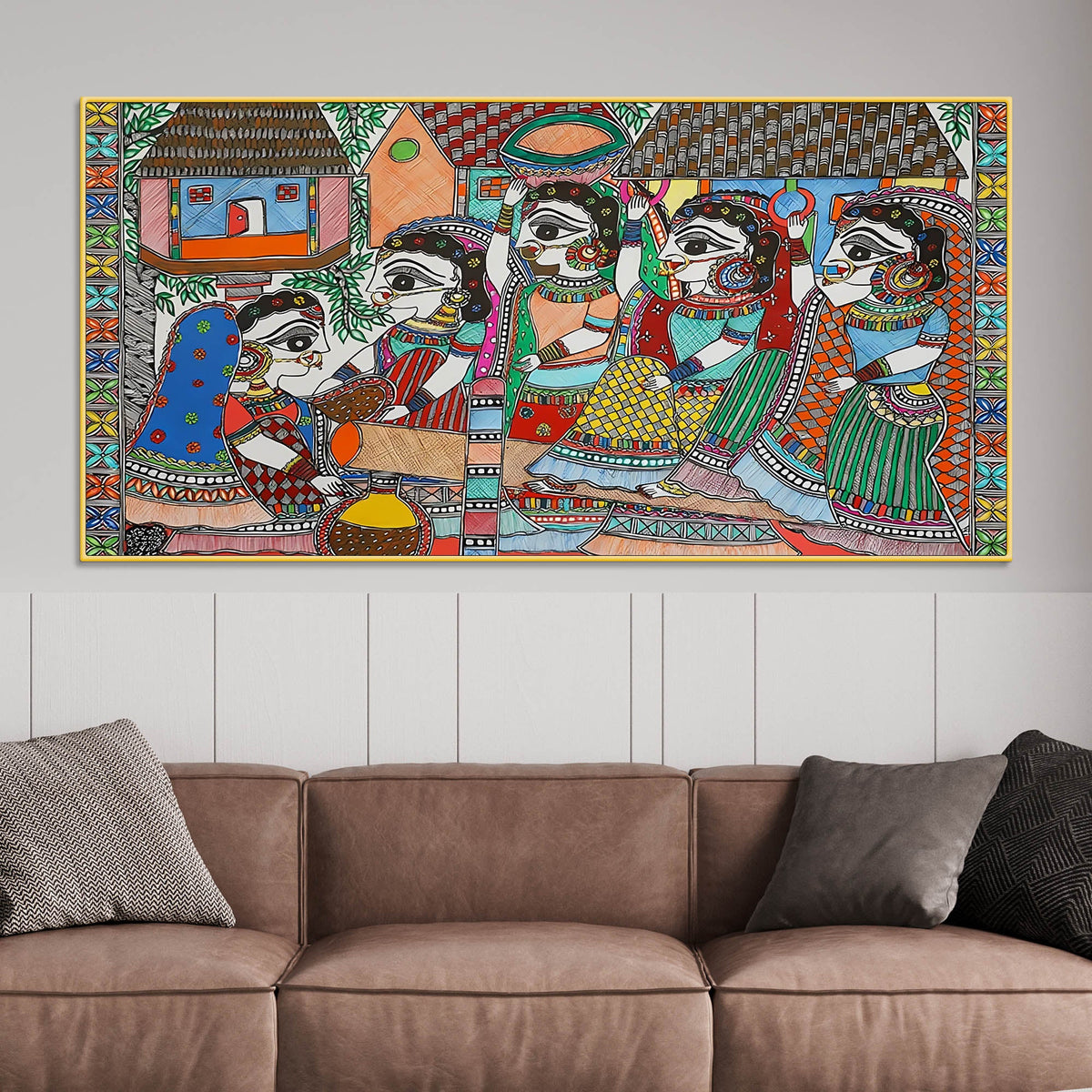 Premium Madhubani Rural Life Canvas Painting