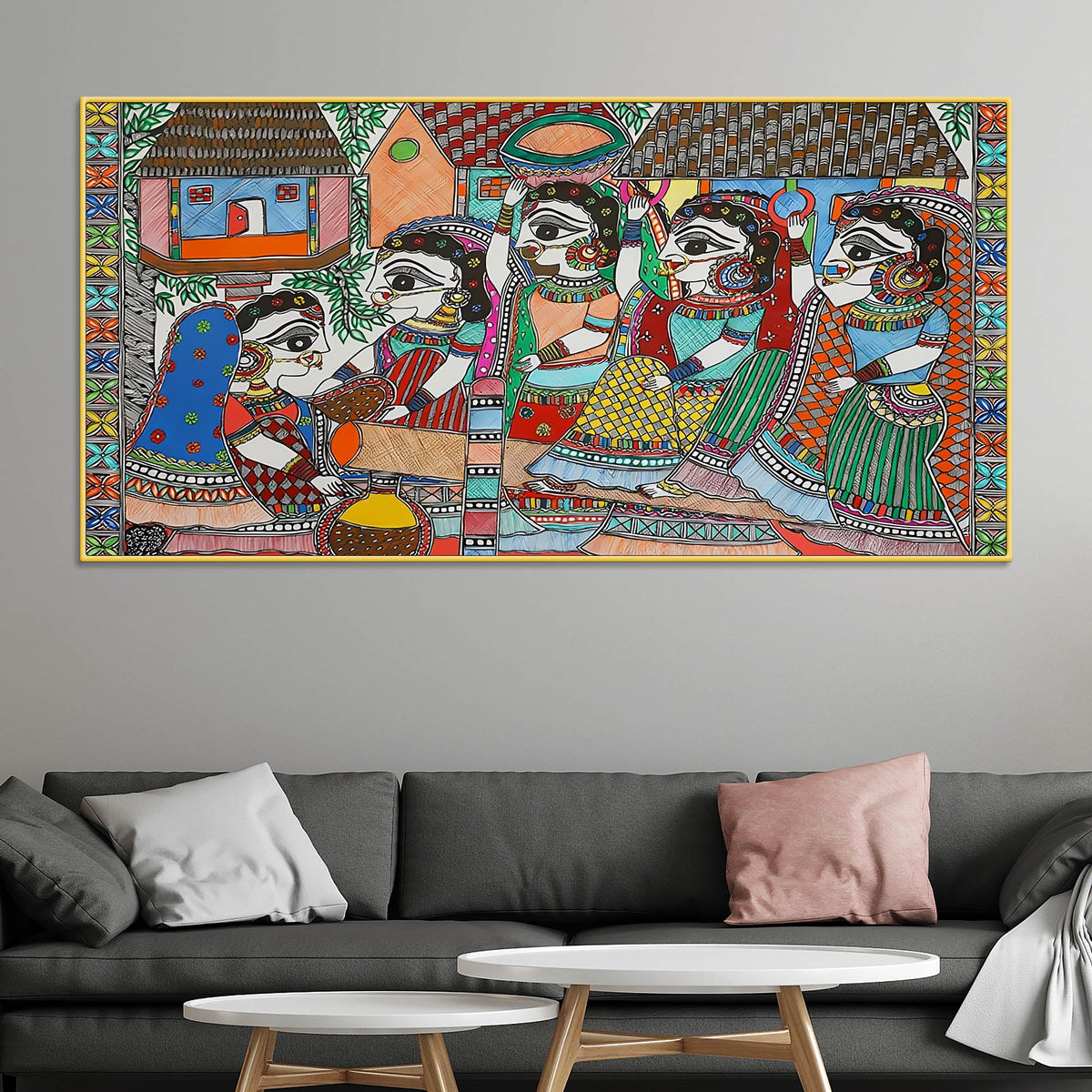 Premium Madhubani Rural Life Canvas Painting