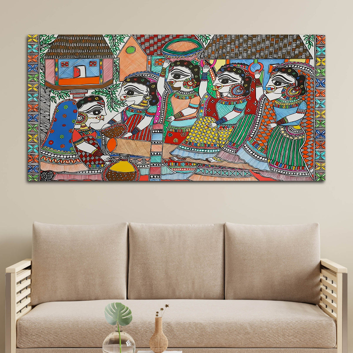 Premium Madhubani Rural Life Canvas Painting