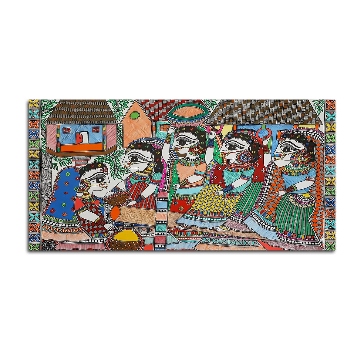 Premium Madhubani Rural Life Canvas Painting