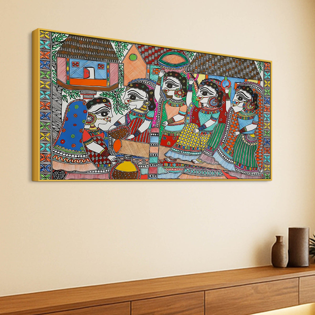 Premium Madhubani Rural Life Canvas Painting
