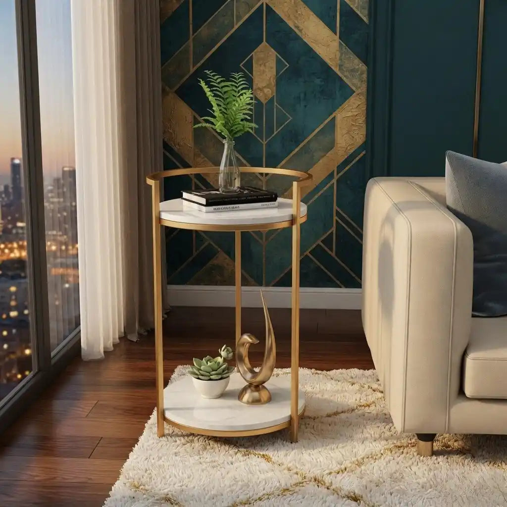 Premium Metallic Stand Two Layer Marble Side Table