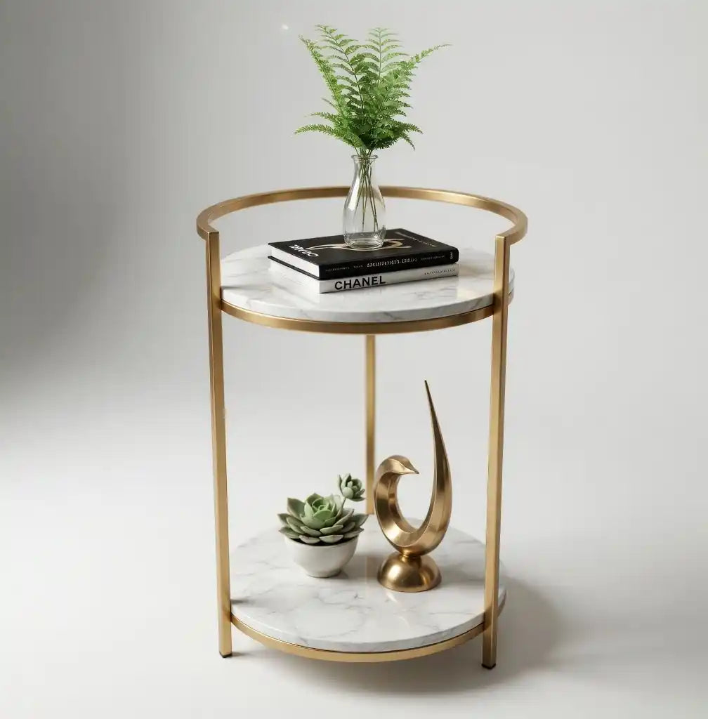 Premium Metallic Stand Two Layer Marble Side Table