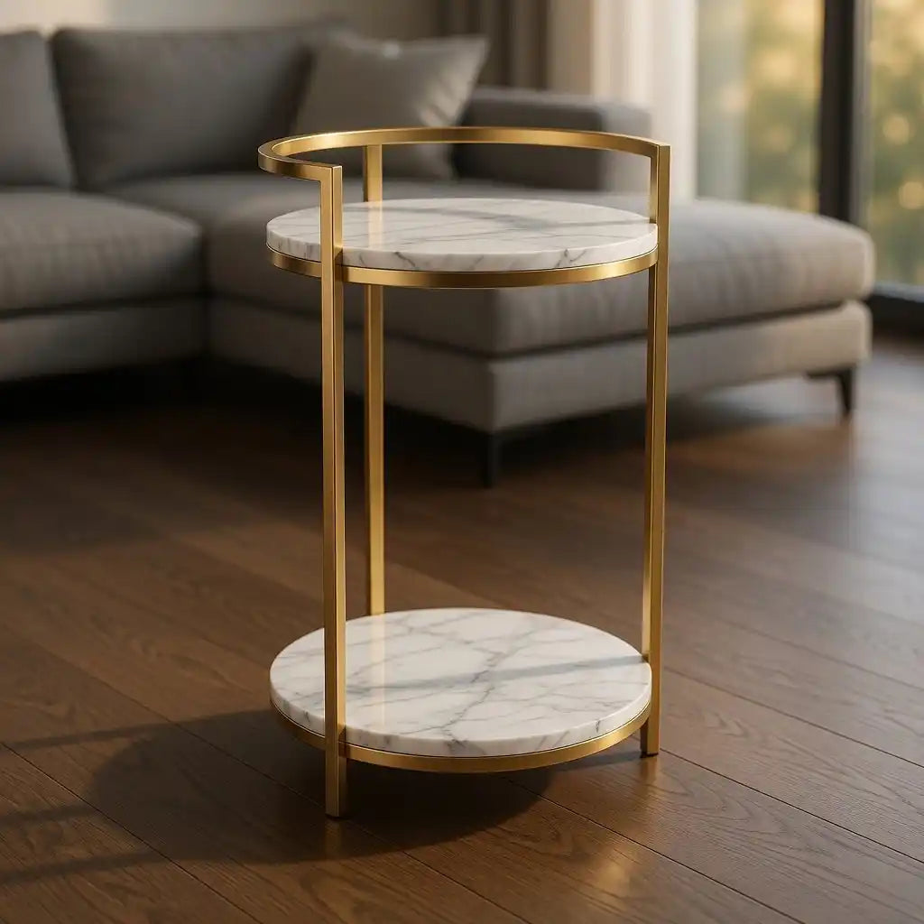 Premium Metallic Stand Two Layer Marble Side Table