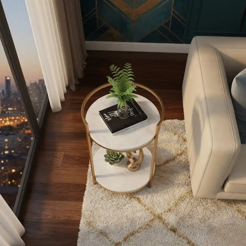 Premium Metallic Stand Two Layer Marble Side Table