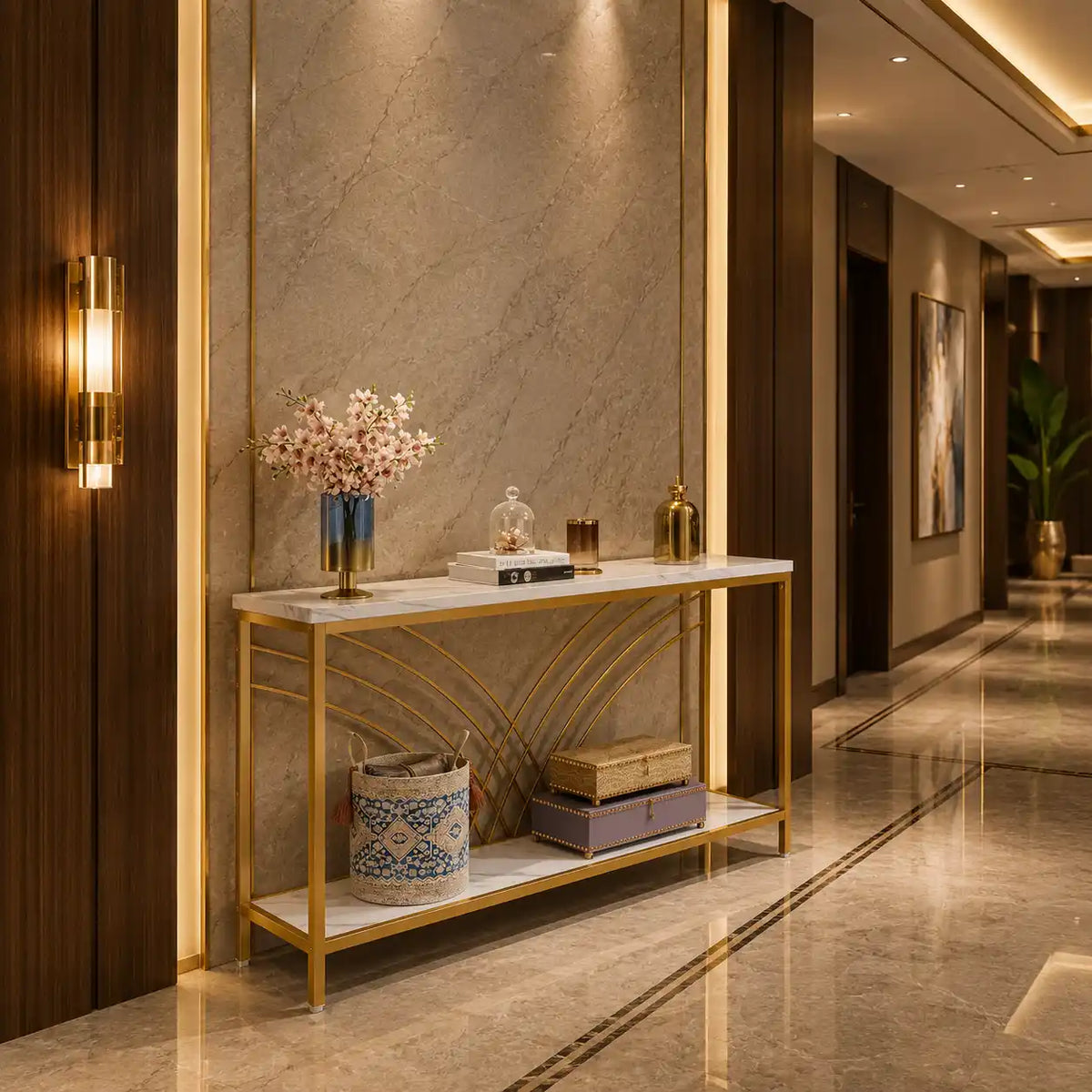Premium Modern Faux Marble Console Table with 2 Tier Storage Shelf