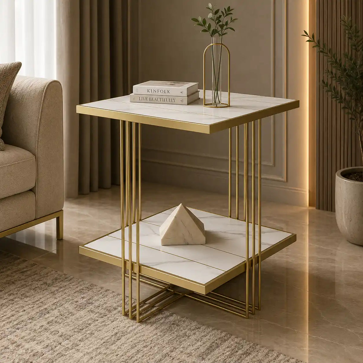 Premium Modern Glam Side Table with Marble Look Finish