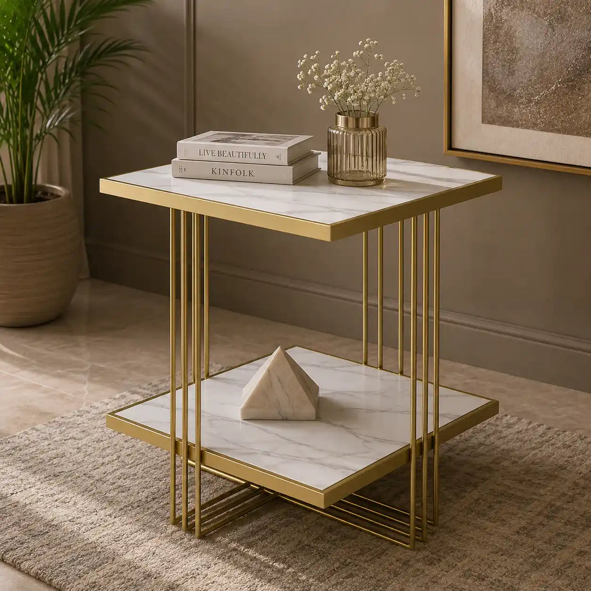 Premium Modern Glam Side Table with Marble Look Finish