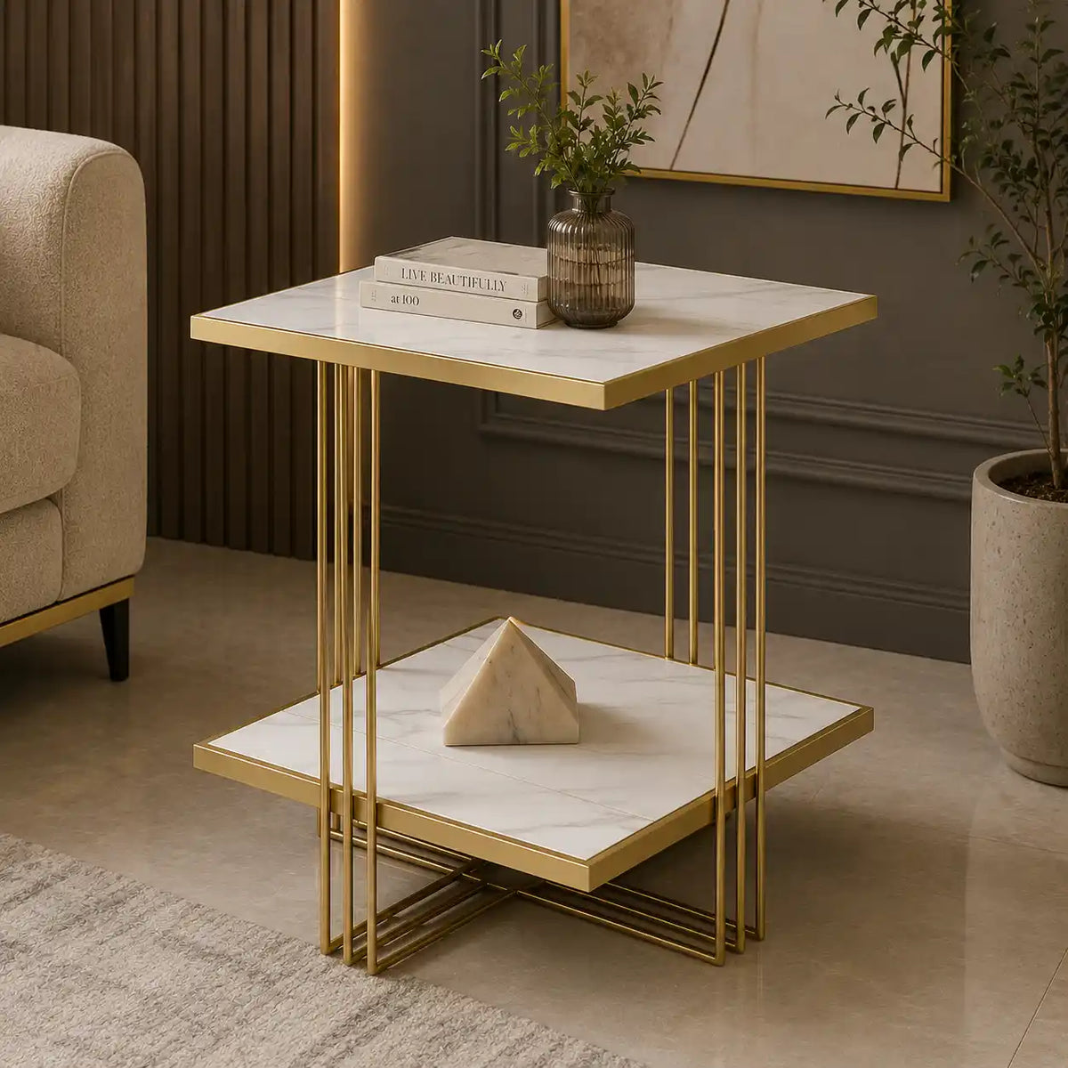 Premium Modern Glam Side Table with Marble Look Finish