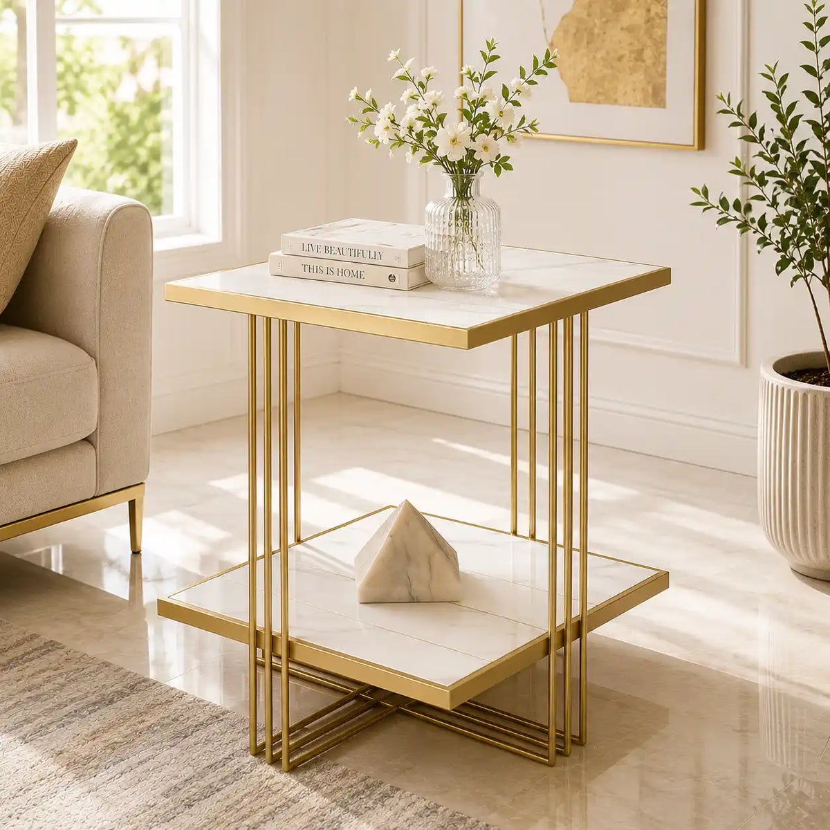 Premium Modern Glam Side Table with Marble Look Finish