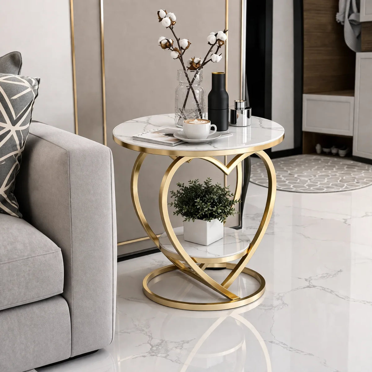 Premium Modern Heart Shaped Golden Metal Finish with White Marble Night Stand Side Table