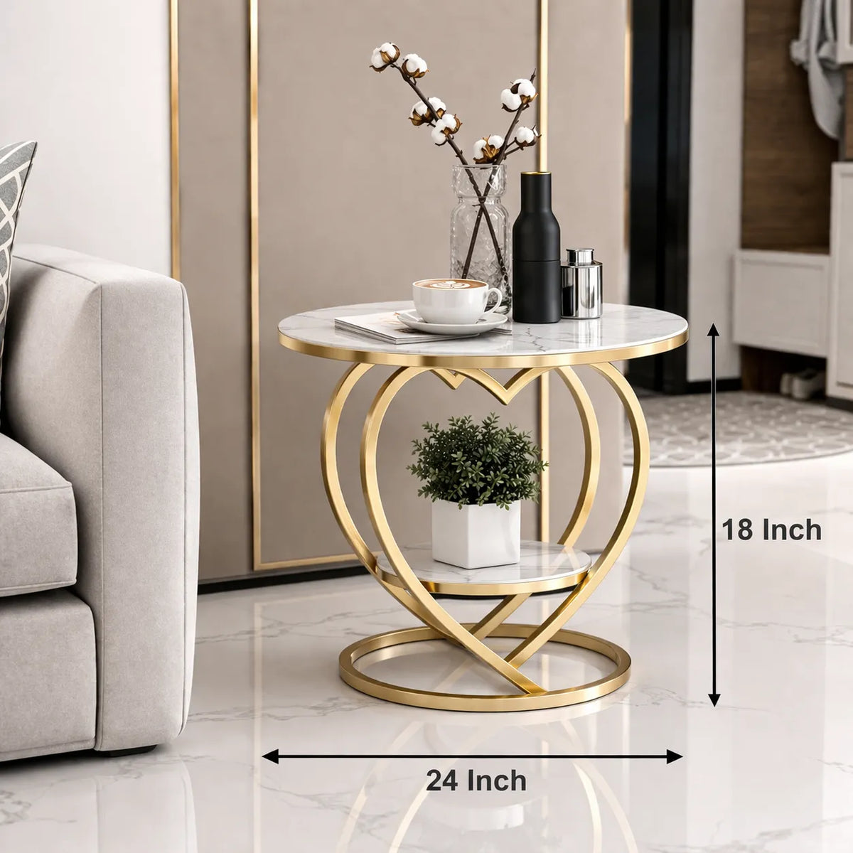 Premium Modern Heart Shaped Golden Metal Finish with White Marble Night Stand Side Table