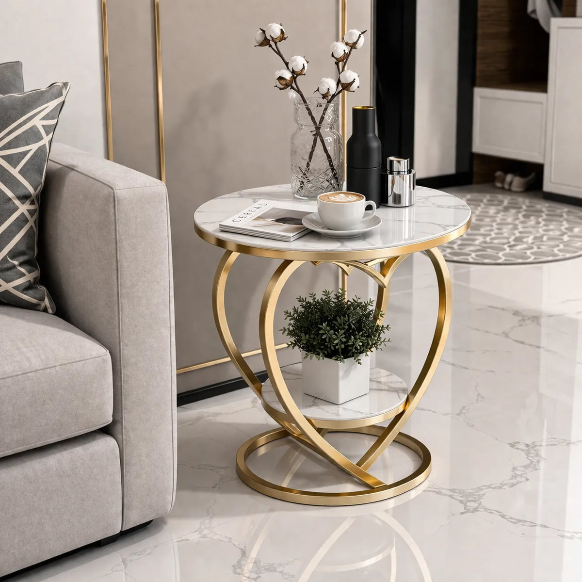 Premium Modern Heart Shaped Golden Metal Finish with White Marble Night Stand Side Table