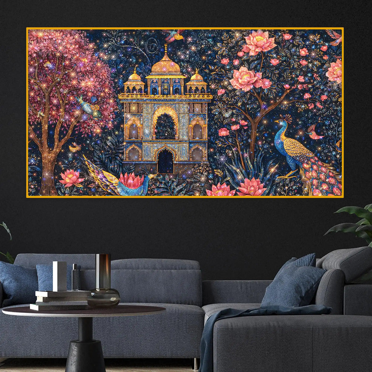 Premium Mughal Inspired Palace Peacock Floral Art Crystal Glass Wall Painting for Luxury Décor