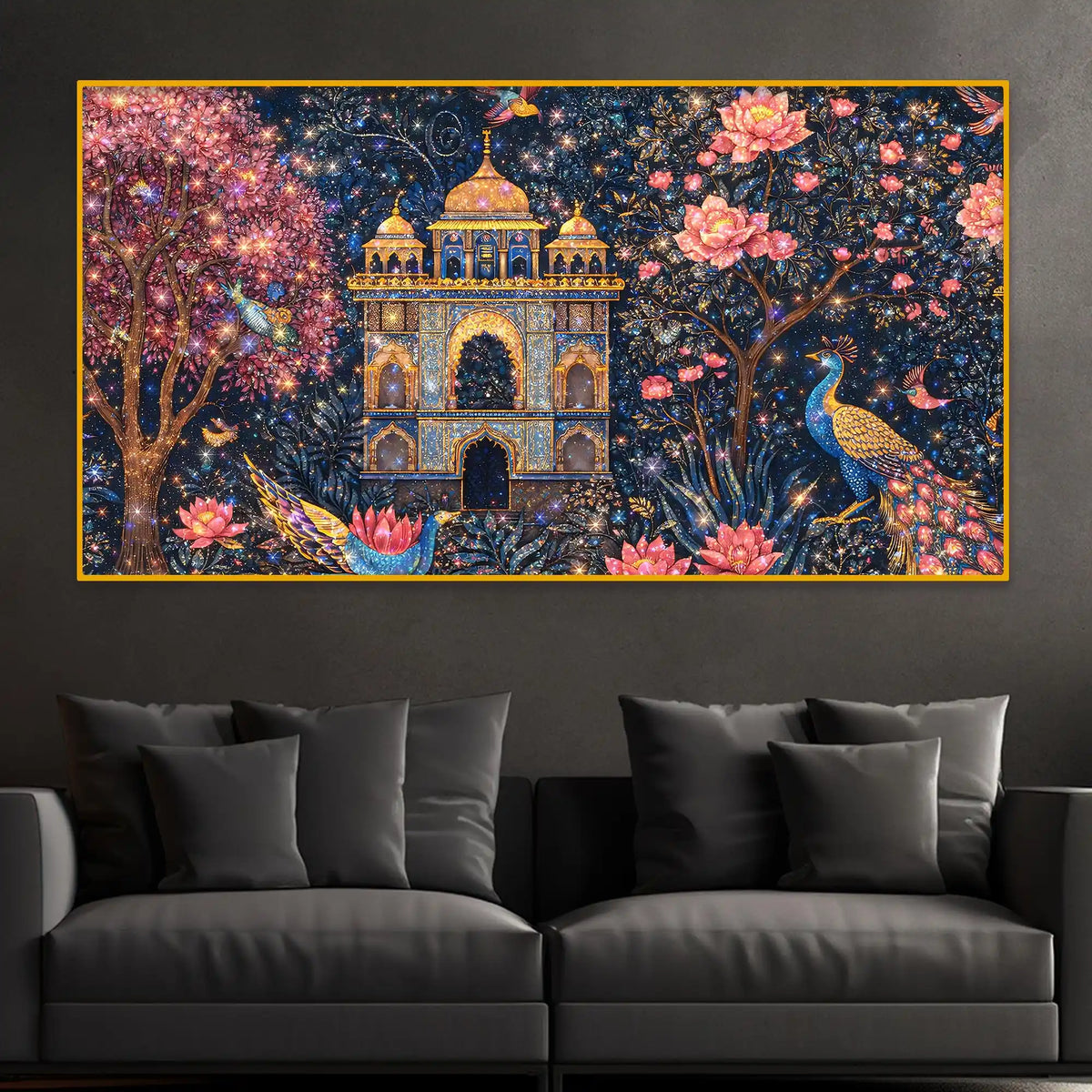 Premium Mughal Inspired Palace Peacock Floral Art Crystal Glass Wall Painting for Luxury Décor