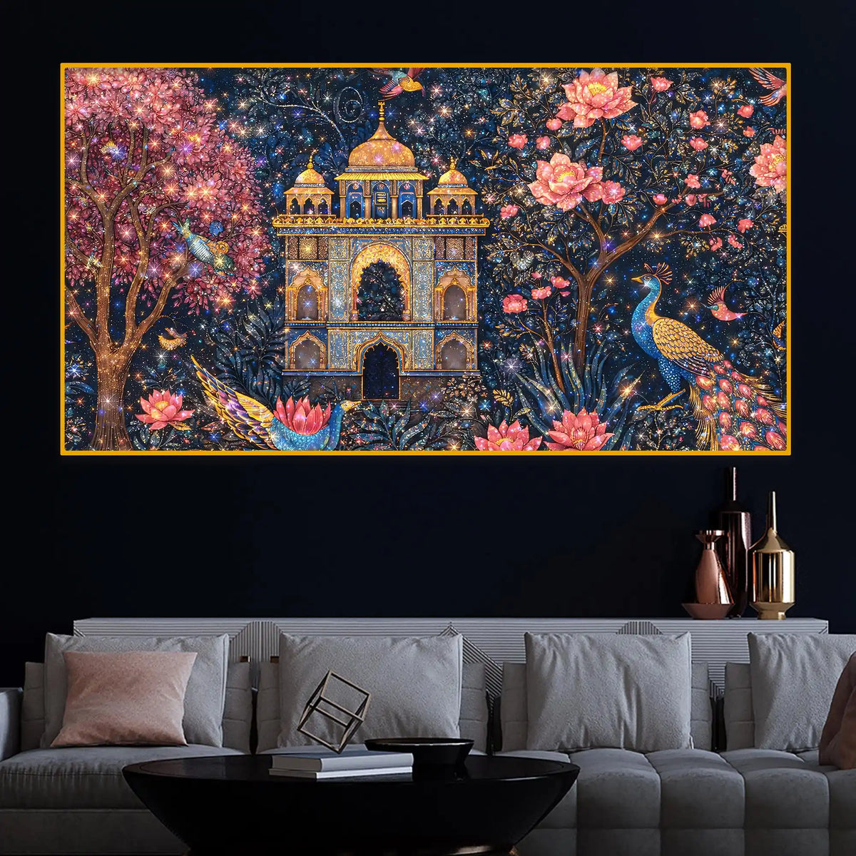 Premium Mughal Inspired Palace Peacock Floral Art Crystal Glass Wall Painting for Luxury Décor