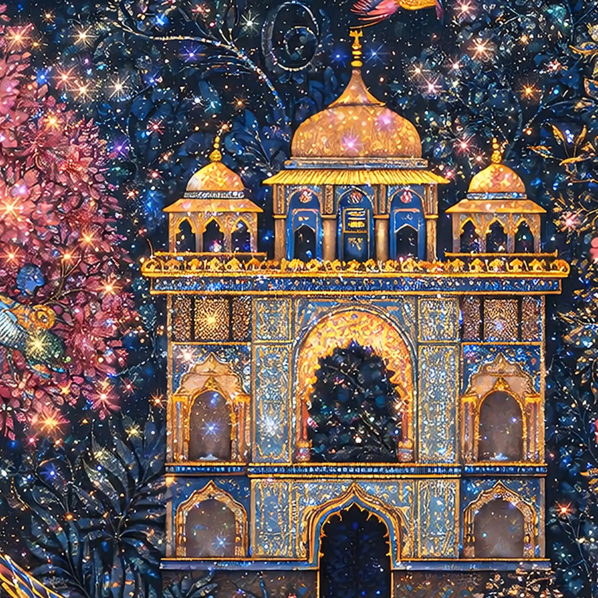 Premium Mughal Inspired Palace Peacock Floral Art Crystal Glass Wall Painting for Luxury Décor