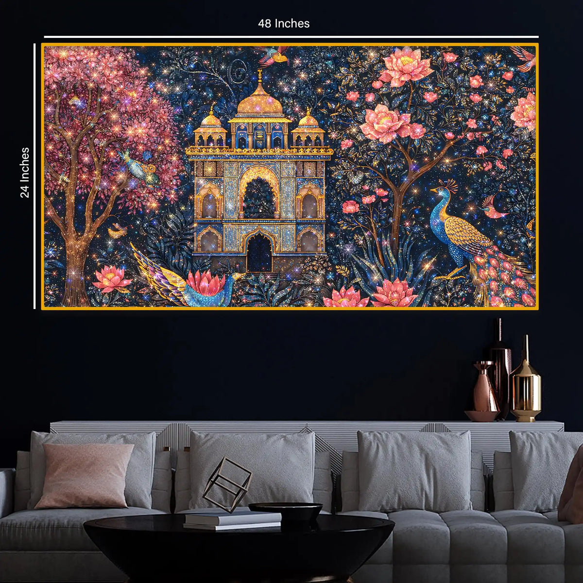 Premium Mughal Inspired Palace Peacock Floral Art Crystal Glass Wall Painting for Luxury Décor