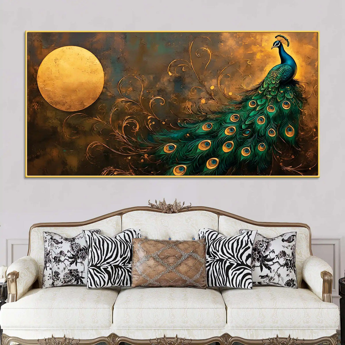 Premium Peacock Full Moon Night Scene Canvas Wall Painting