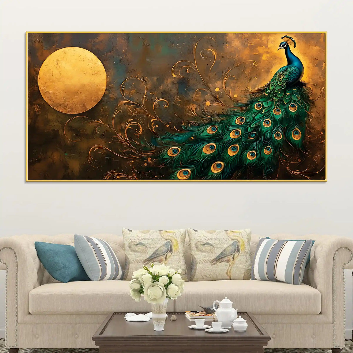 Premium Peacock Full Moon Night Scene Canvas Wall Painting
