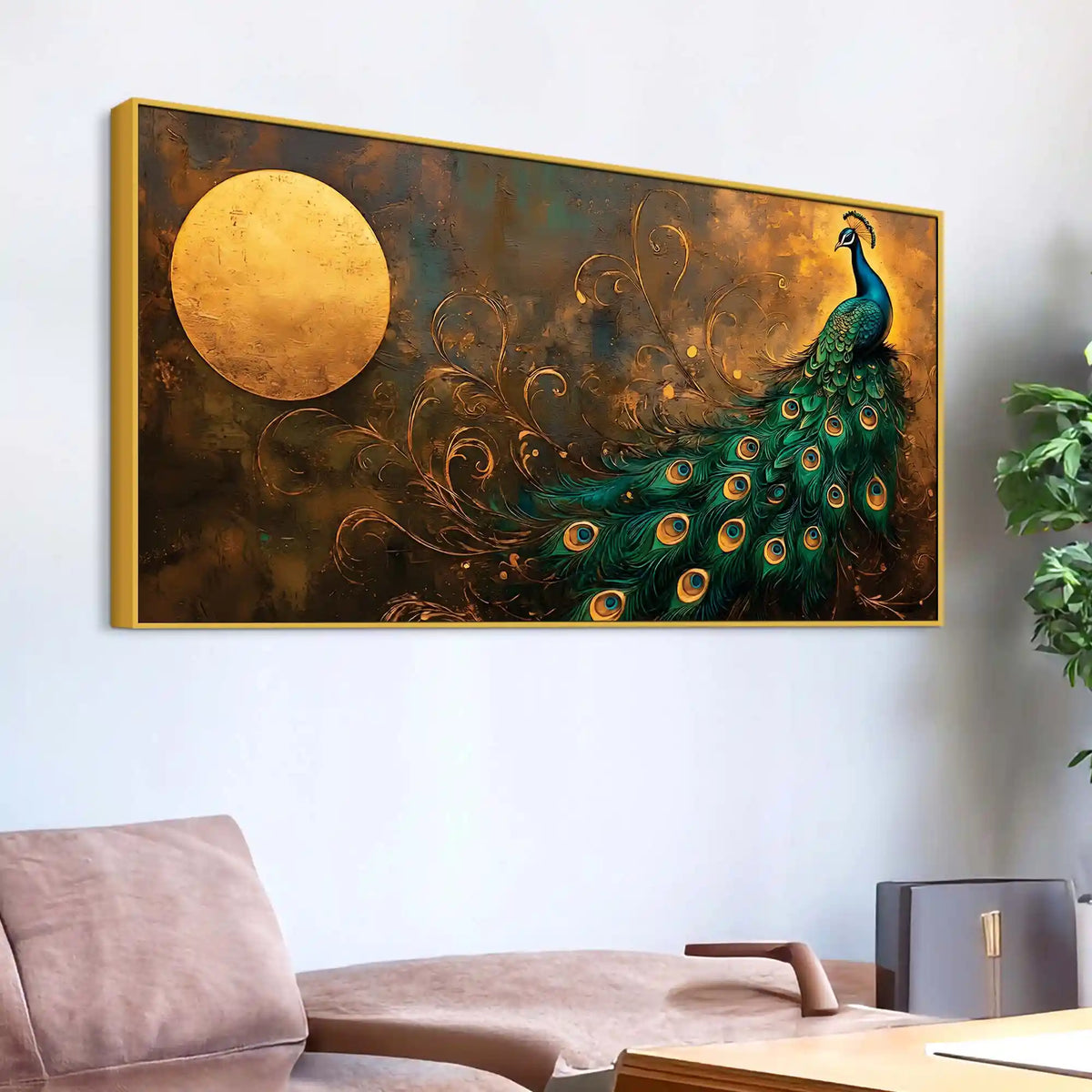 Premium Peacock Full Moon Night Scene Canvas Wall Painting