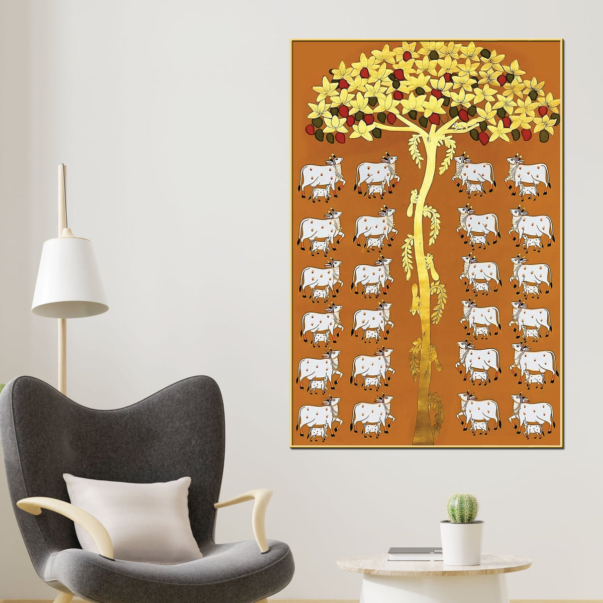 Premium Pichwai Cow Tree Wall Painting | Indian Traditional Canvas Decor