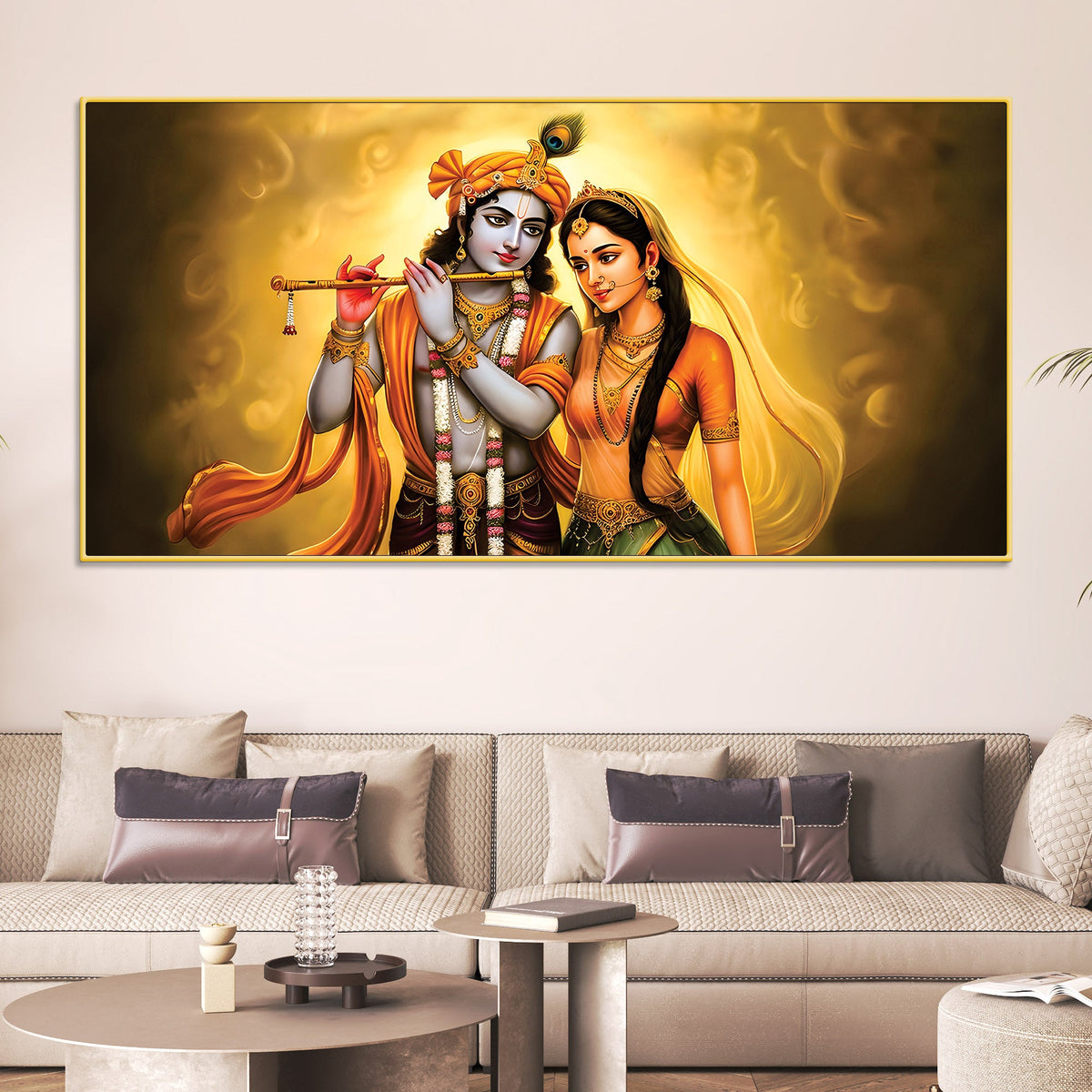 Premium Radha Krishna Devotional Painting with Golden Glow
