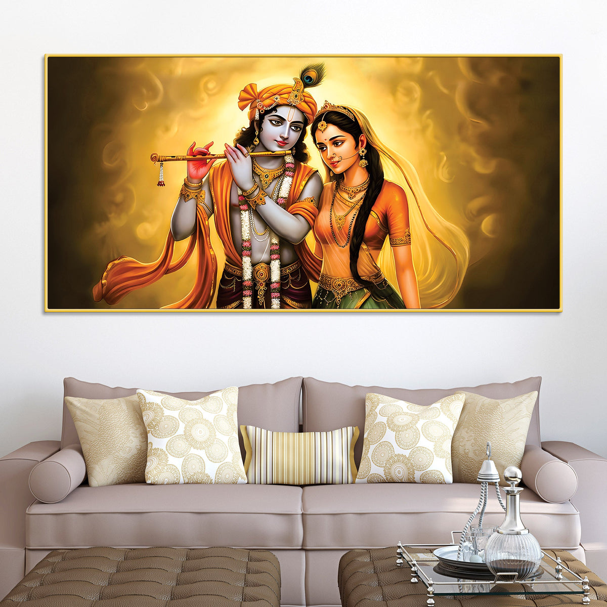 Premium Radha Krishna Devotional Painting with Golden Glow