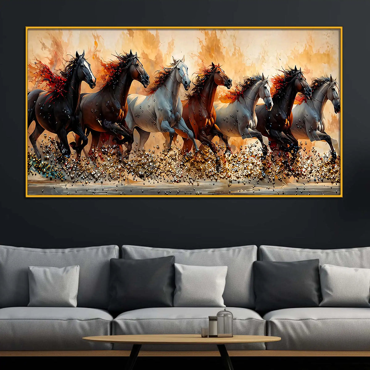 Premium Seven Horses Floating Frame Crystal Wall Art Painting