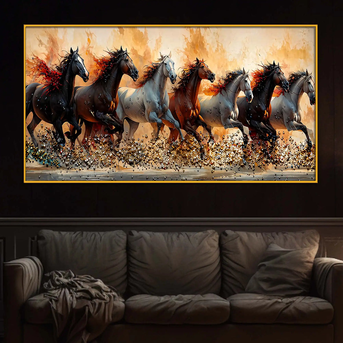 Premium Seven Horses Floating Frame Crystal Wall Art Painting